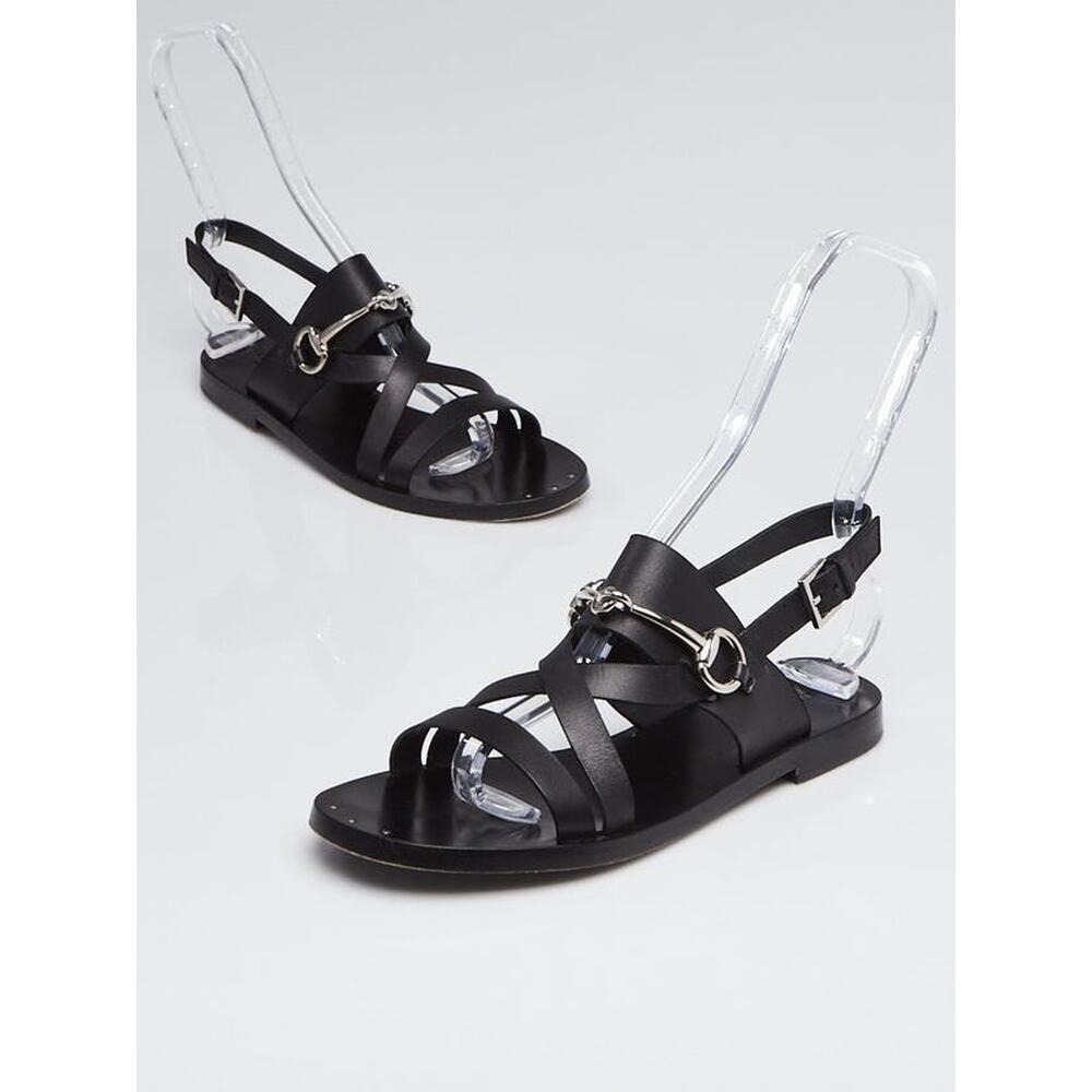 Gucci Juliette Black Leather Horsebit Open Toe Flat Sandals - 39 - Picture 2 of 3